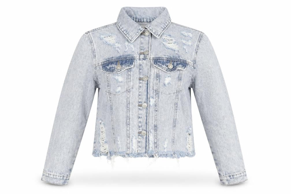 Front view of Clube Jeans women’s blue cropped distressed denim jacket, size S