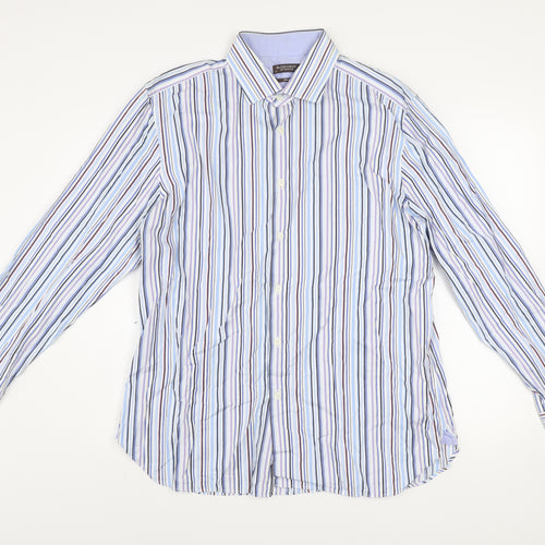St George by Duffer Men's Blue Striped Slim Fit Long Sleeve Shirt 17.5in
