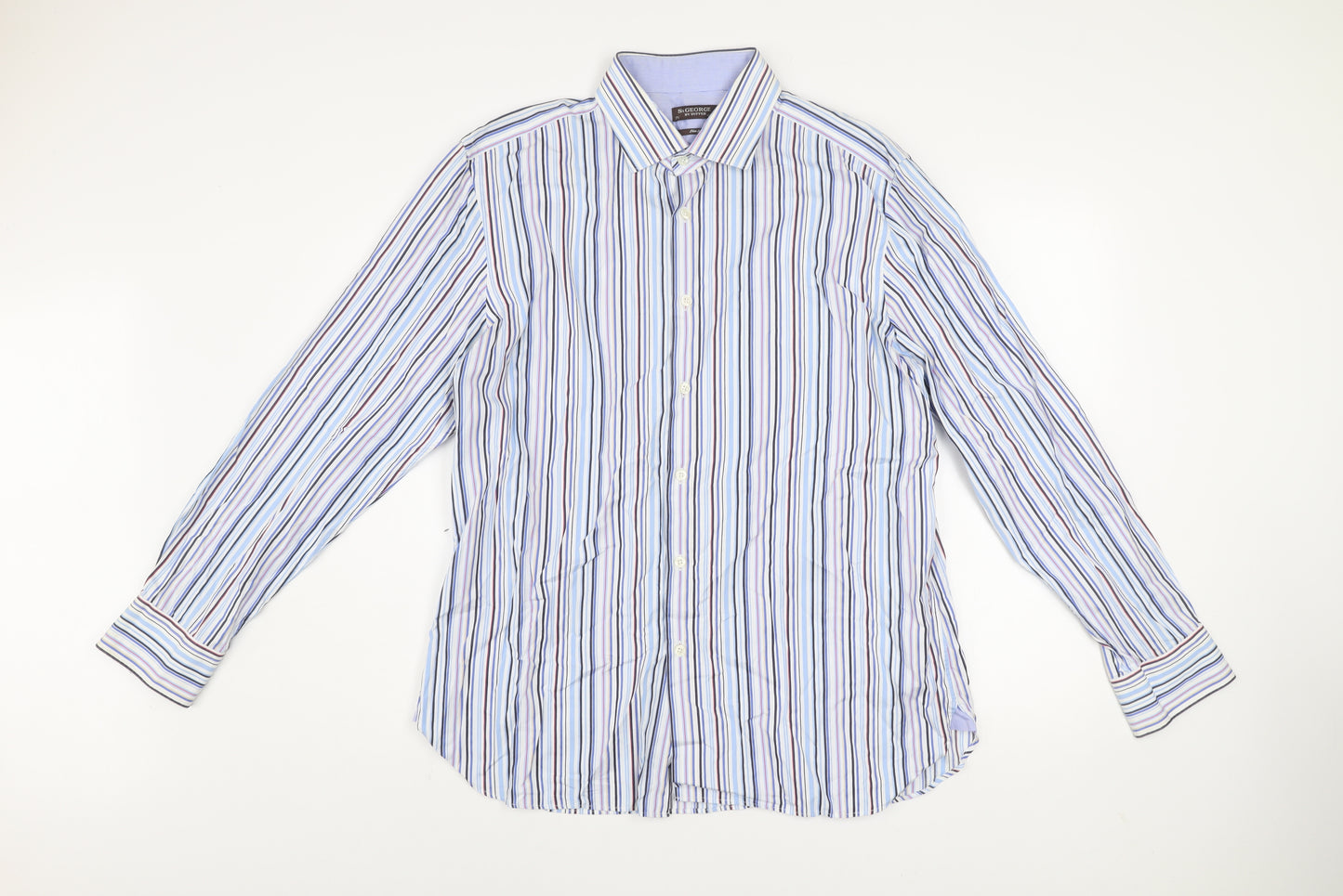 St George by Duffer Men's Blue Striped Slim Fit Long Sleeve Shirt 17.5in
