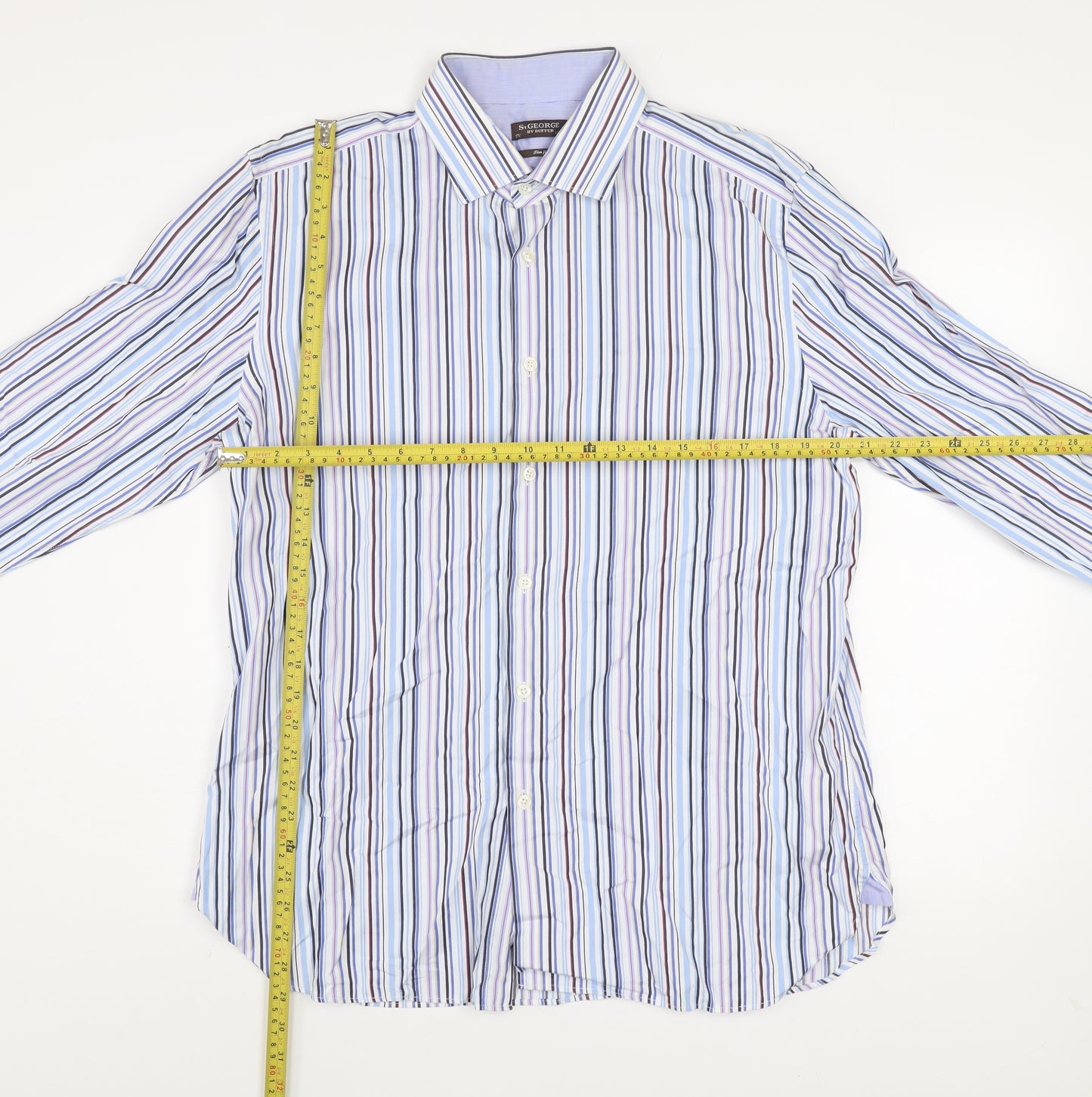 St George by Duffer Men's Blue Striped Slim Fit Long Sleeve Shirt 17.5in