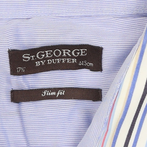 St George by Duffer Men's Blue Striped Slim Fit Long Sleeve Shirt 17.5in