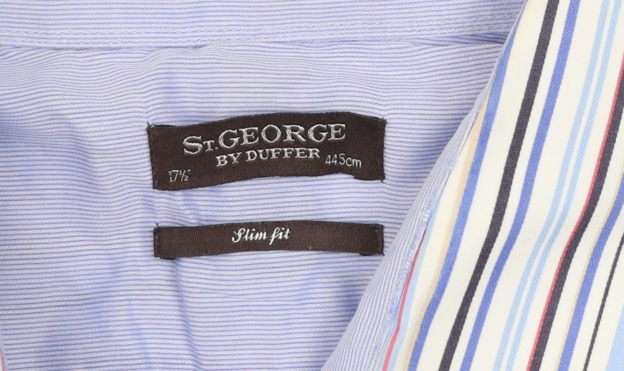 St George by Duffer Men's Blue Striped Slim Fit Long Sleeve Shirt 17.5in