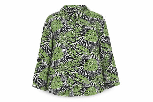 Front view of Gerard women’s green black leaf print button-up shirt, size UK 10