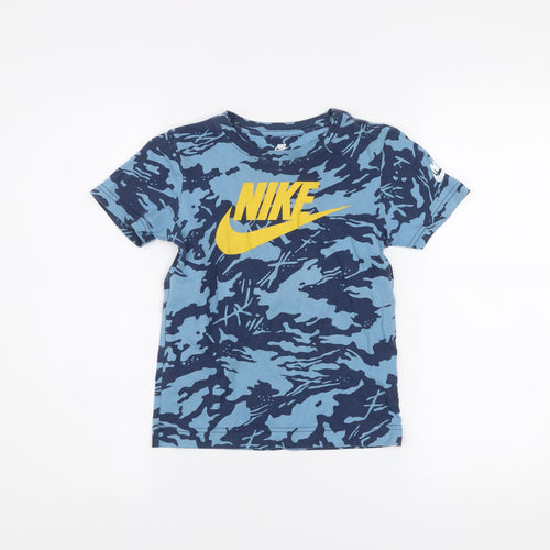 Nike Boys Blue Camouflage Logo T-Shirt 6-7 Years Short Sleeve Cotton Blend