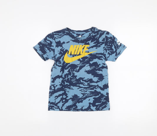 Nike Boys Blue Camouflage Logo T-Shirt 6-7 Years Short Sleeve Cotton Blend
