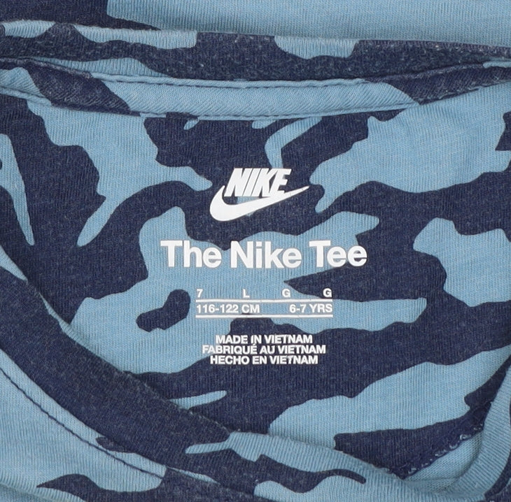 Nike Boys Blue Camouflage Logo T-Shirt 6-7 Years Short Sleeve Cotton Blend