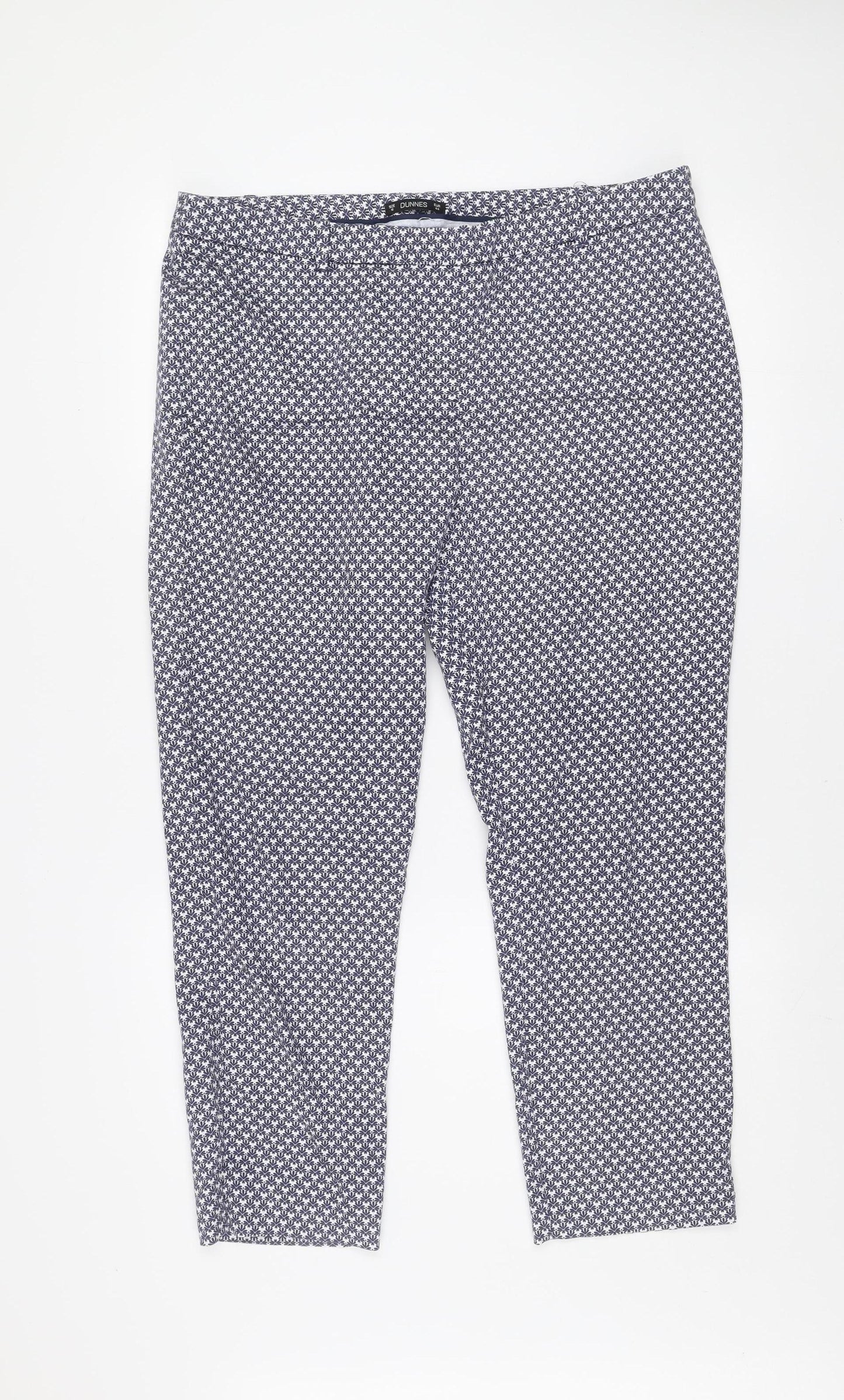 Dunnes Women's Blue Geometric Stretch Cotton Blend Trousers Size 16
