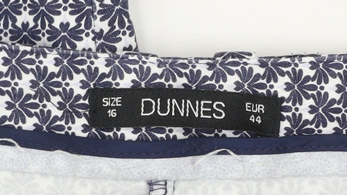 Dunnes Women's Blue Geometric Stretch Cotton Blend Trousers Size 16