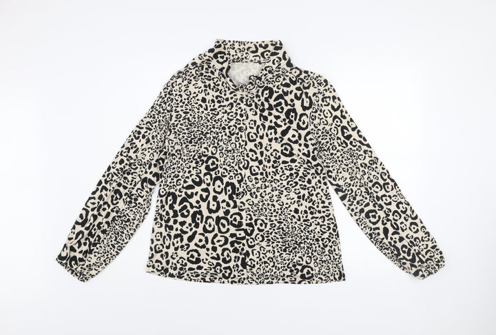 Dunnes Stores Womens Beige Animal Print High Neck Long Sleeve Blouse Size S