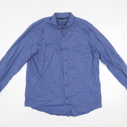 Dunnes Stores Men's Blue Regular Fit Cotton Long Sleeve Button-Up Shirt Size L