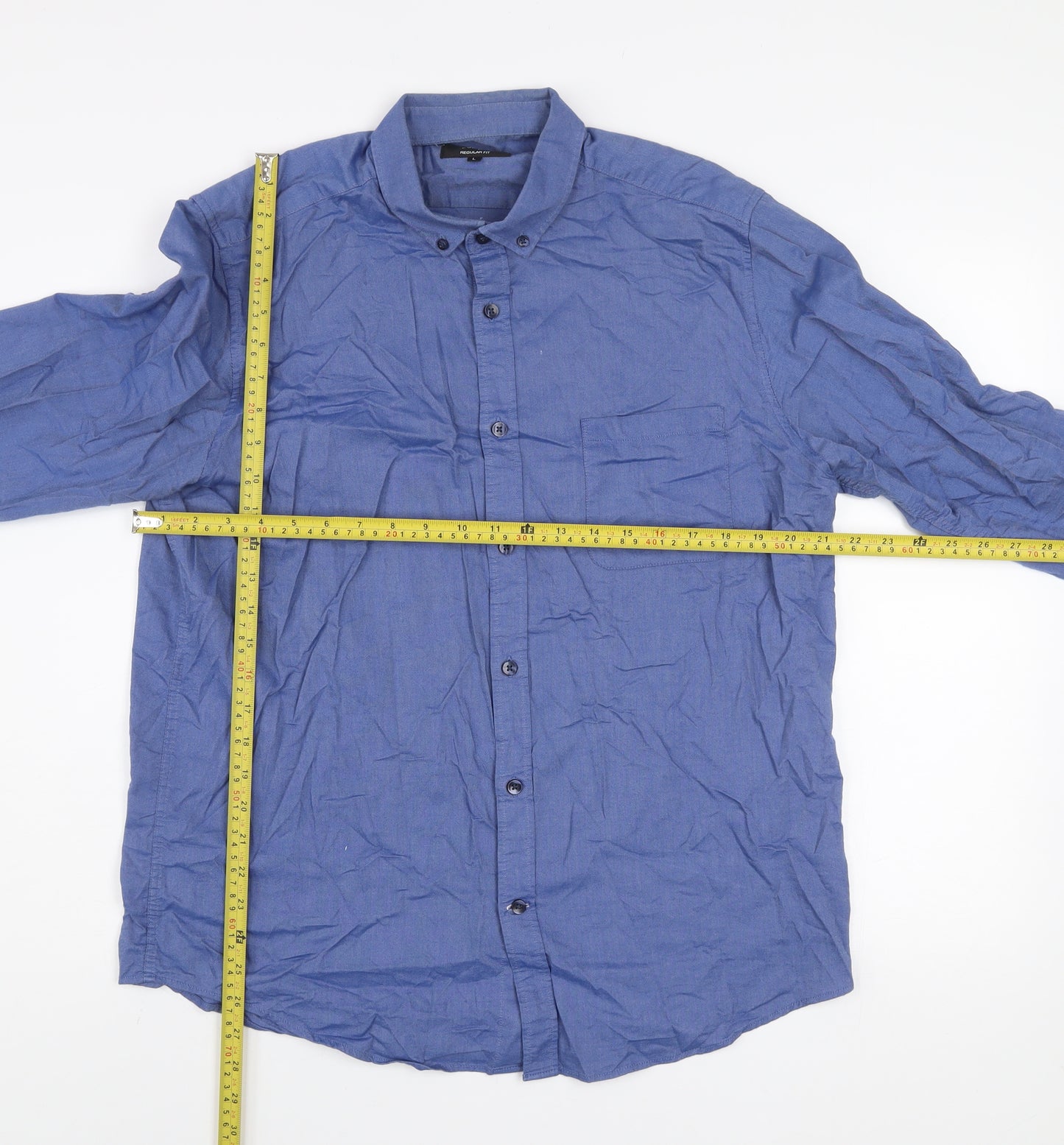 Dunnes Stores Men's Blue Regular Fit Cotton Long Sleeve Button-Up Shirt Size L