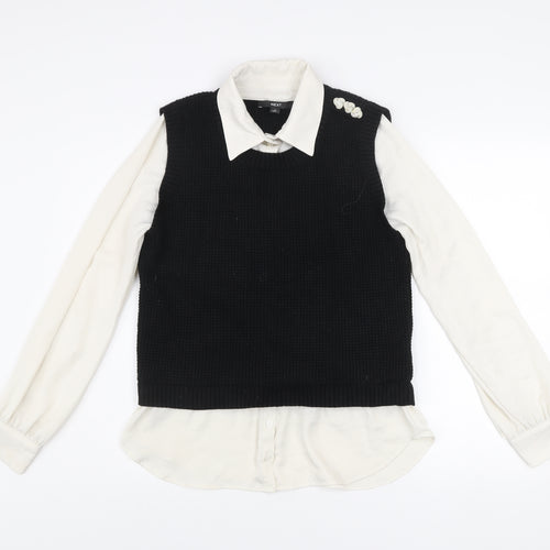 Next Women's Black Collared Layered Knit Blouse Size S Long Sleeve