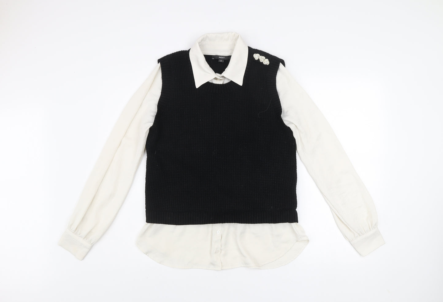 Next Women's Black Collared Layered Knit Blouse Size S Long Sleeve