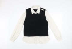 Next Women's Black Collared Layered Knit Blouse Size S Long Sleeve