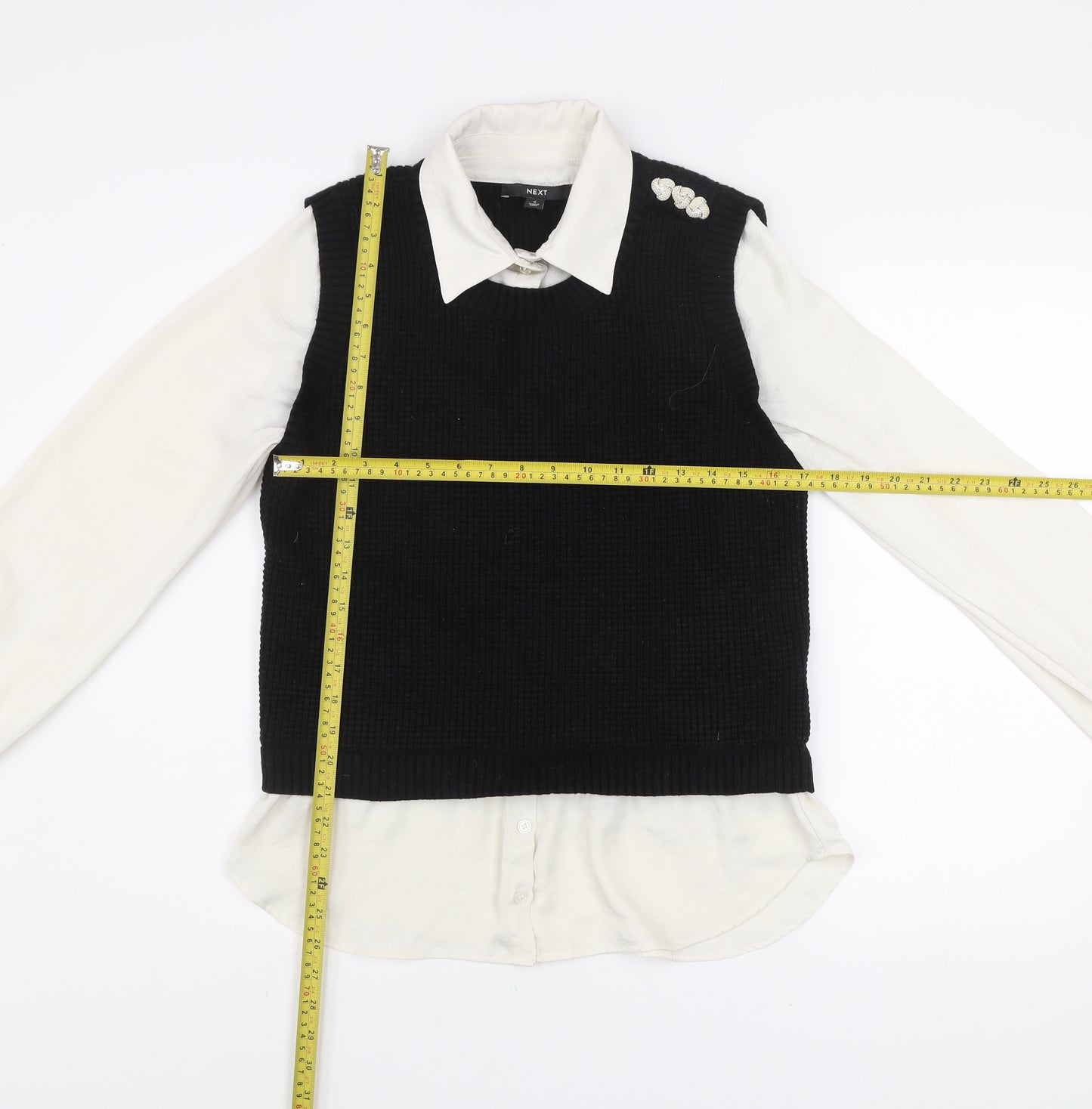 Next Women's Black Collared Layered Knit Blouse Size S Long Sleeve