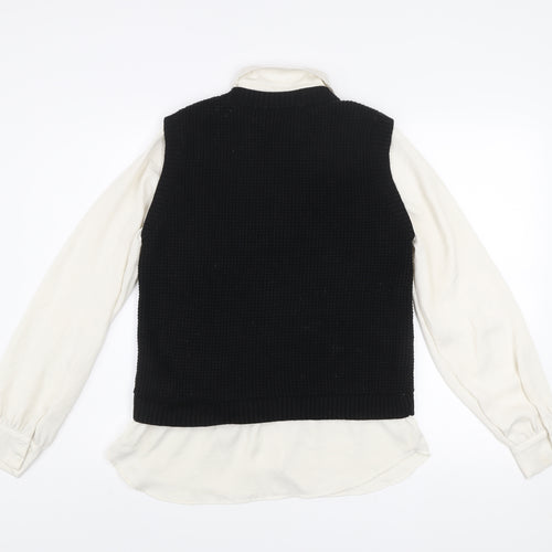 Next Women's Black Collared Layered Knit Blouse Size S Long Sleeve