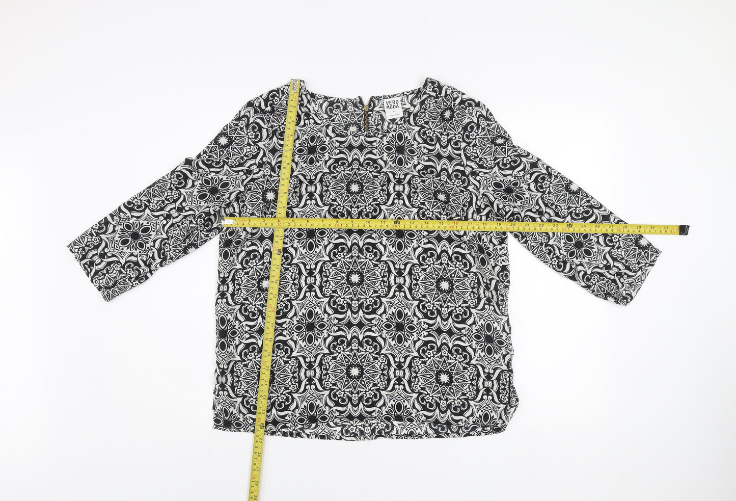 Vero Moda Women's Black Geometric 3/4 Sleeve Tunic Blouse Size M