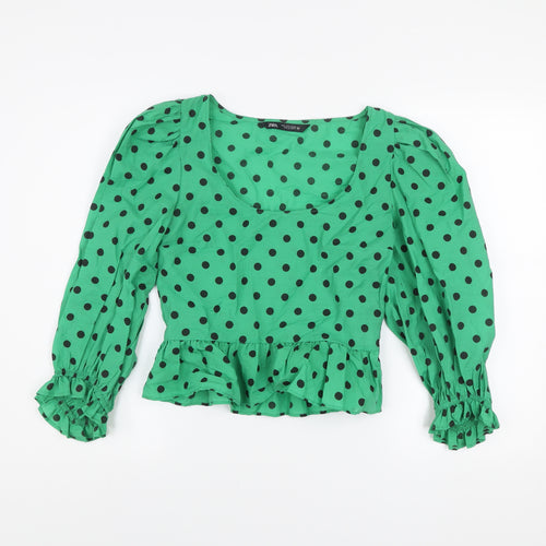 Zara Women’s Green Polka Dot Cropped Blouse Long Puff Sleeve Size S