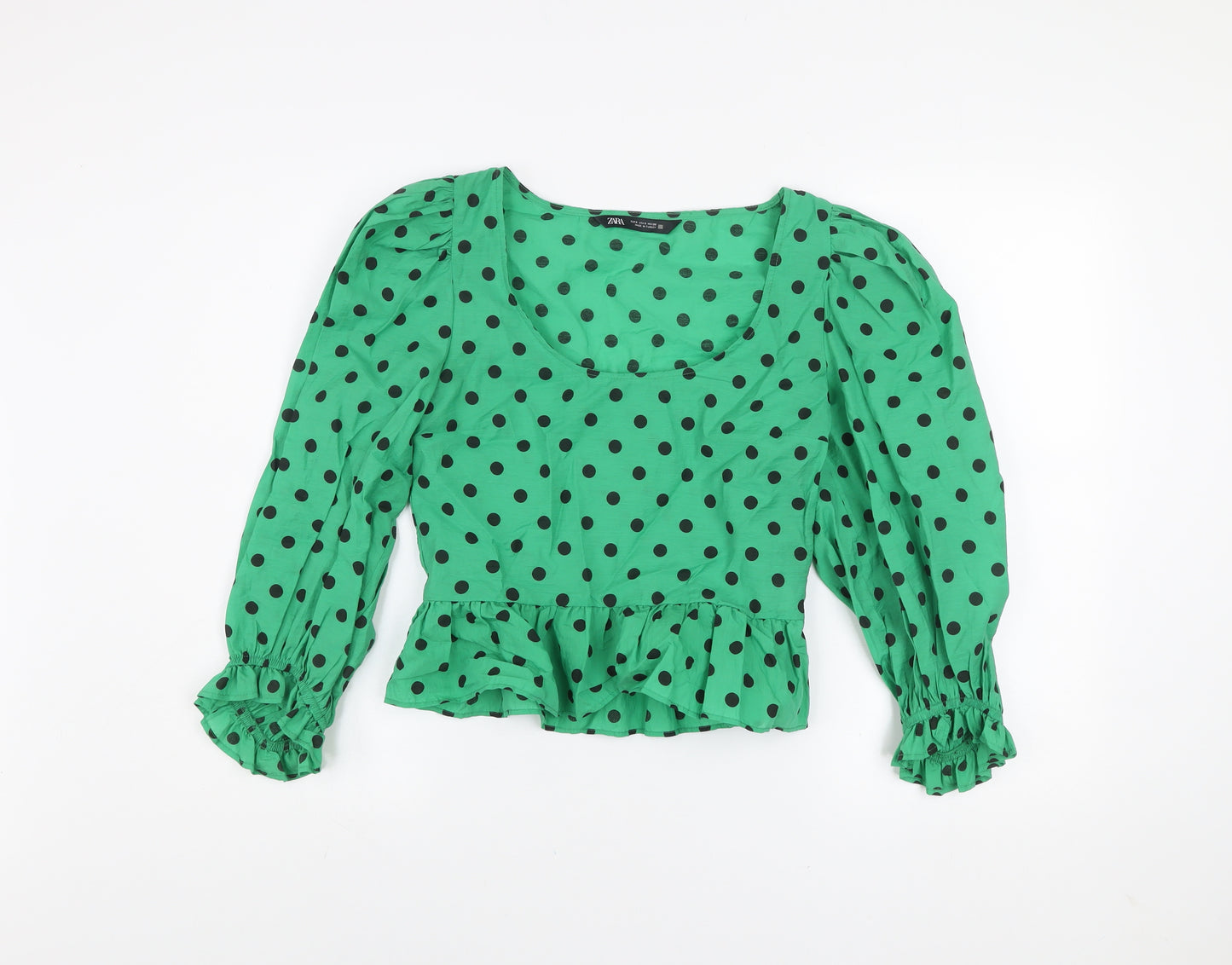 Zara Women’s Green Polka Dot Cropped Blouse Long Puff Sleeve Size S