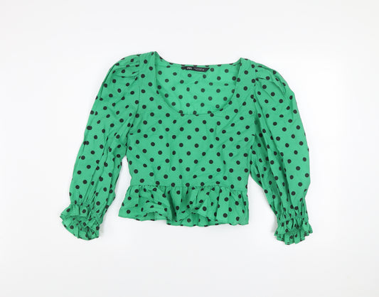 Zara Women’s Green Polka Dot Cropped Blouse Long Puff Sleeve Size S