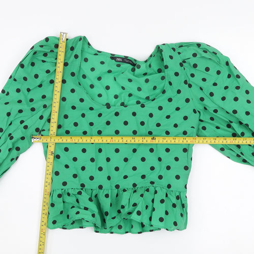 Zara Women’s Green Polka Dot Cropped Blouse Long Puff Sleeve Size S