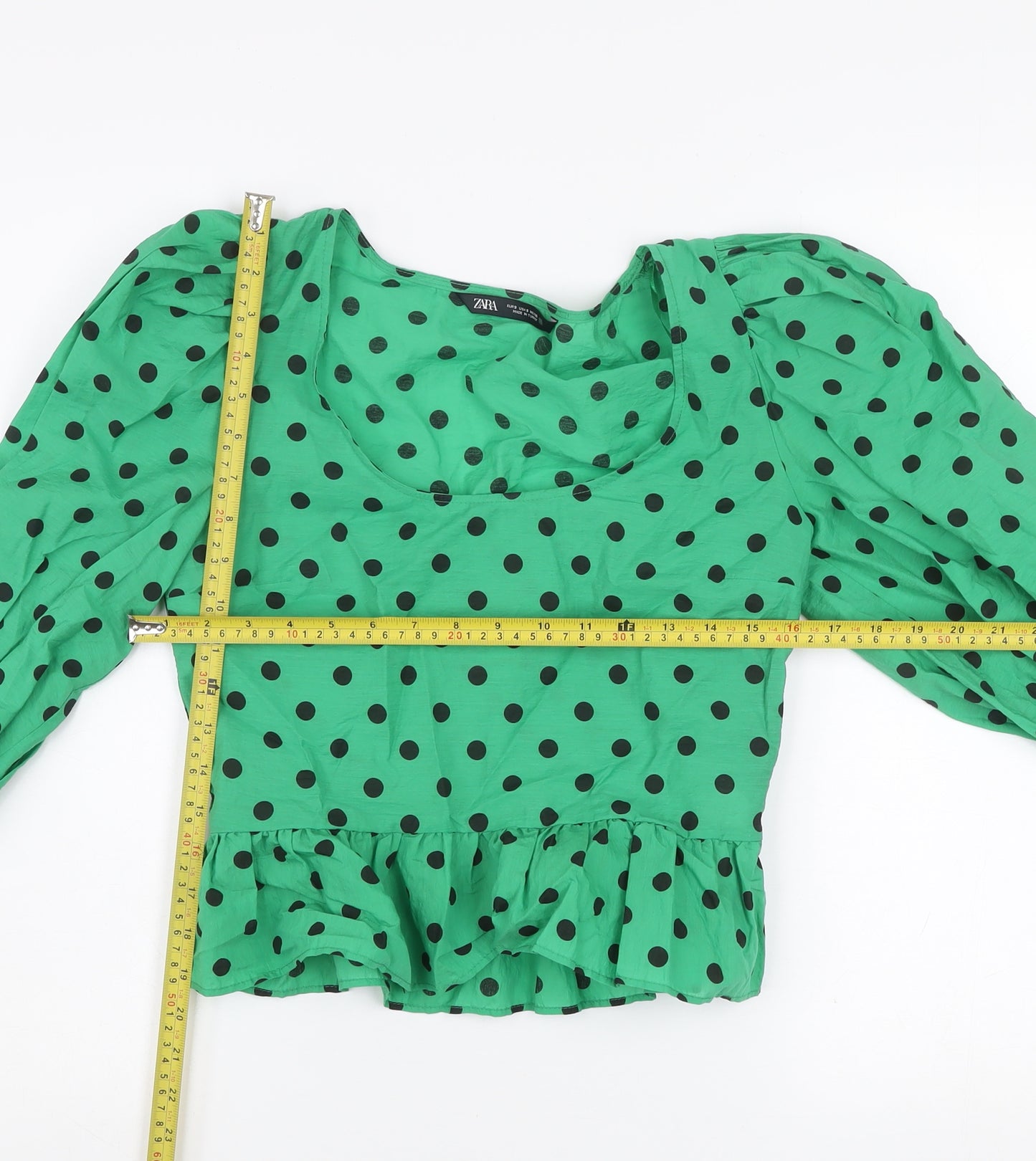 Zara Women’s Green Polka Dot Cropped Blouse Long Puff Sleeve Size S
