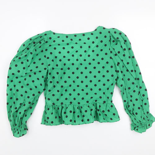 Zara Women’s Green Polka Dot Cropped Blouse Long Puff Sleeve Size S
