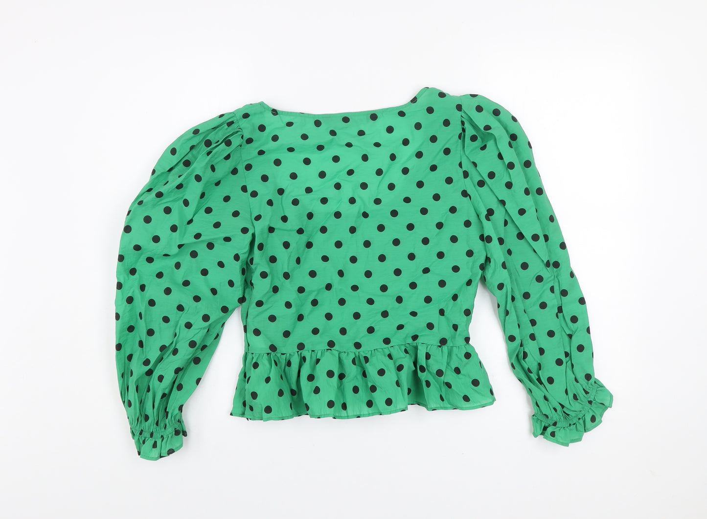 Zara Women’s Green Polka Dot Cropped Blouse Long Puff Sleeve Size S
