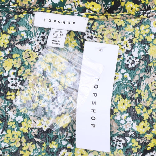Topshop Women’s Multicoloured Floral Puff Sleeve Cropped Blouse UK16