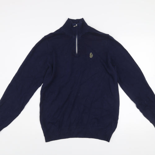 Luke Men's Blue Small 1/4 Zip Cotton Jumper High Neck Knitwear