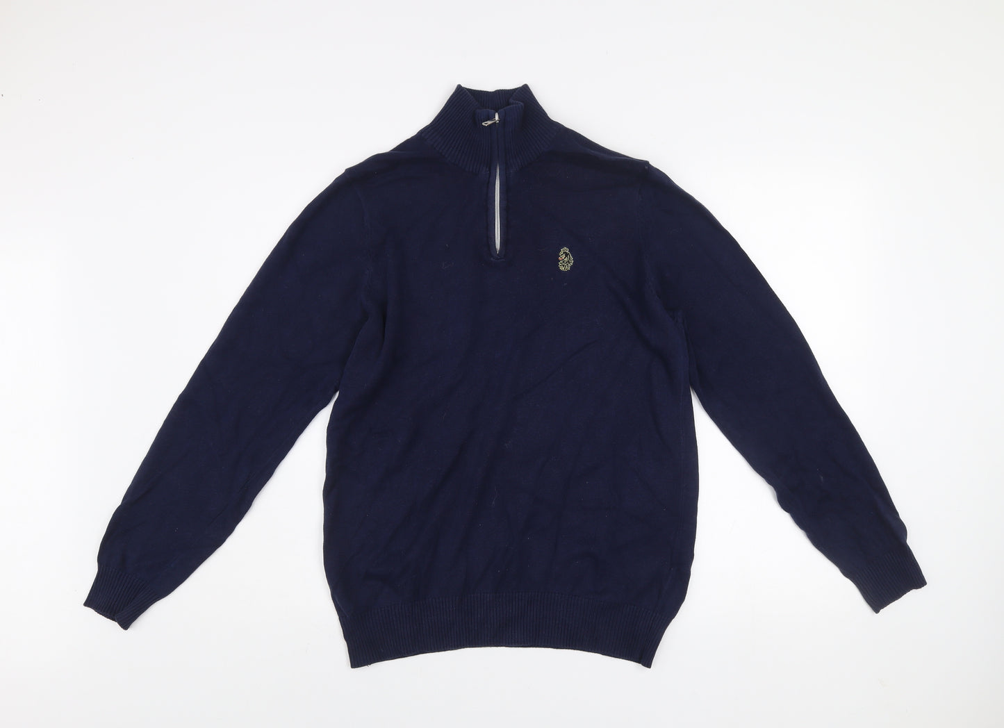 Luke Men's Blue Small 1/4 Zip Cotton Jumper High Neck Knitwear