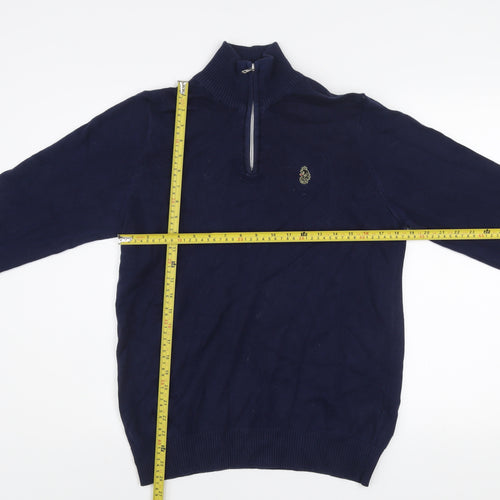 Luke Men's Blue Small 1/4 Zip Cotton Jumper High Neck Knitwear