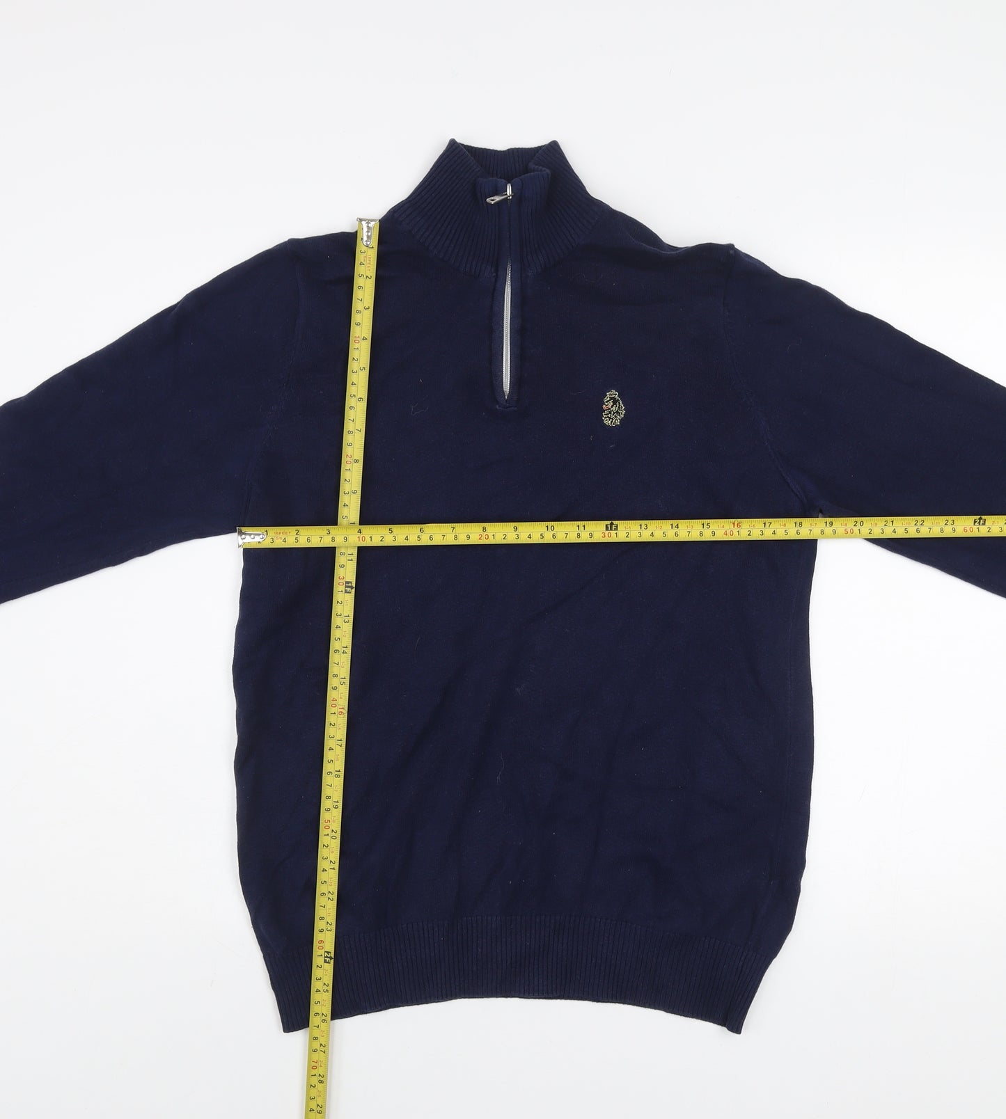 Luke Men's Blue Small 1/4 Zip Cotton Jumper High Neck Knitwear