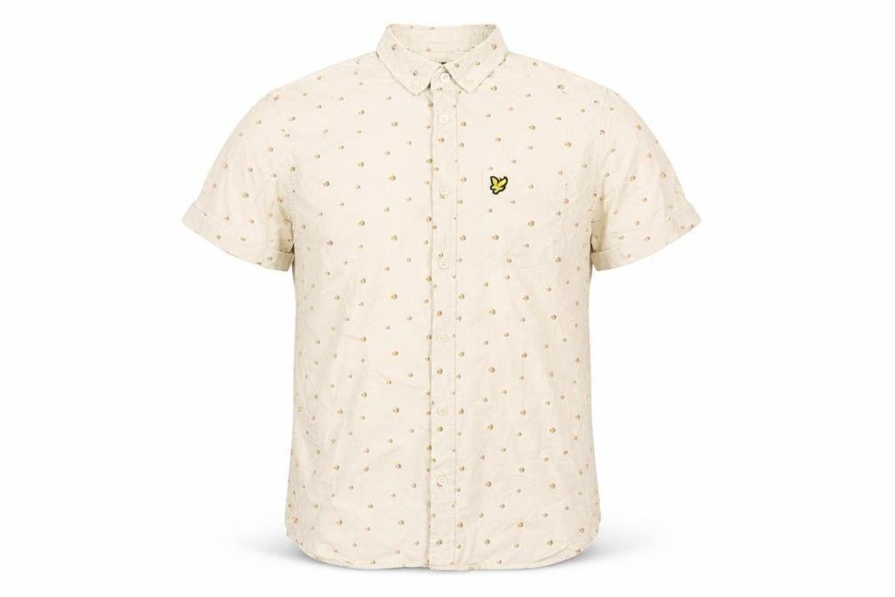 Front view of Lyle & Scott Men's Beige Short Sleeve Button-Up Shirt, size S