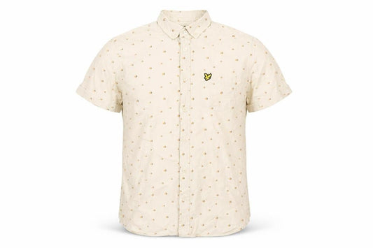 Front view of Lyle & Scott Men's Beige Short Sleeve Button-Up Shirt, size S