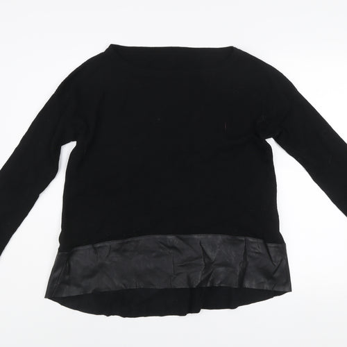 Liu Jo Women Black Wool Faux Leather Trim Pullover Jumper L