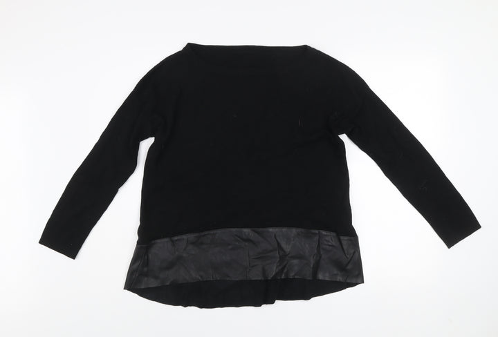 Liu Jo Women Black Wool Faux Leather Trim Pullover Jumper L