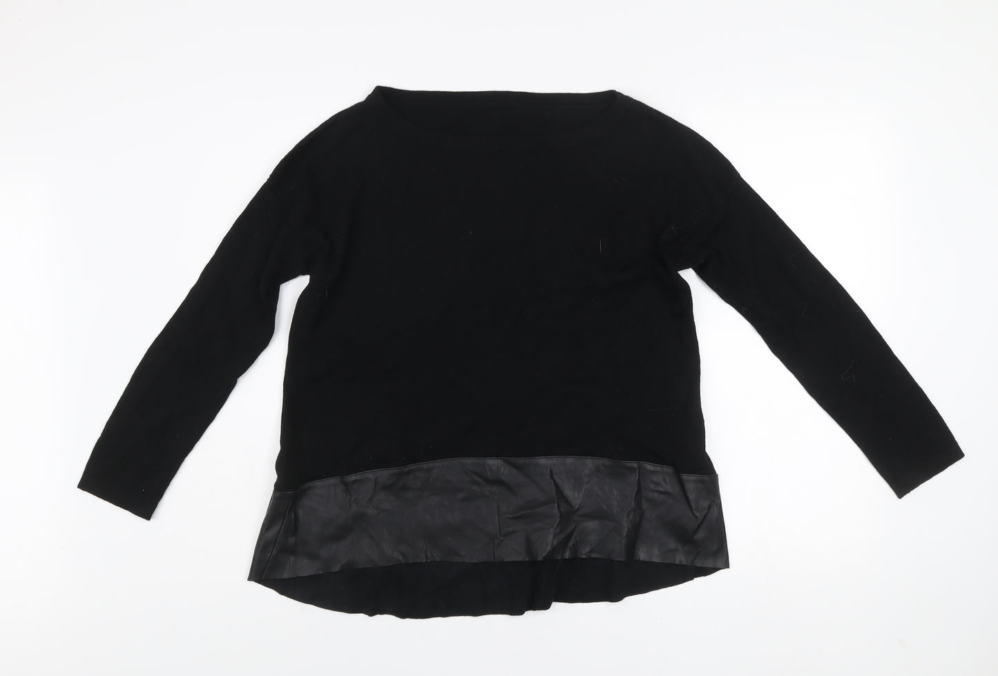 Liu Jo Women Black Wool Faux Leather Trim Pullover Jumper L