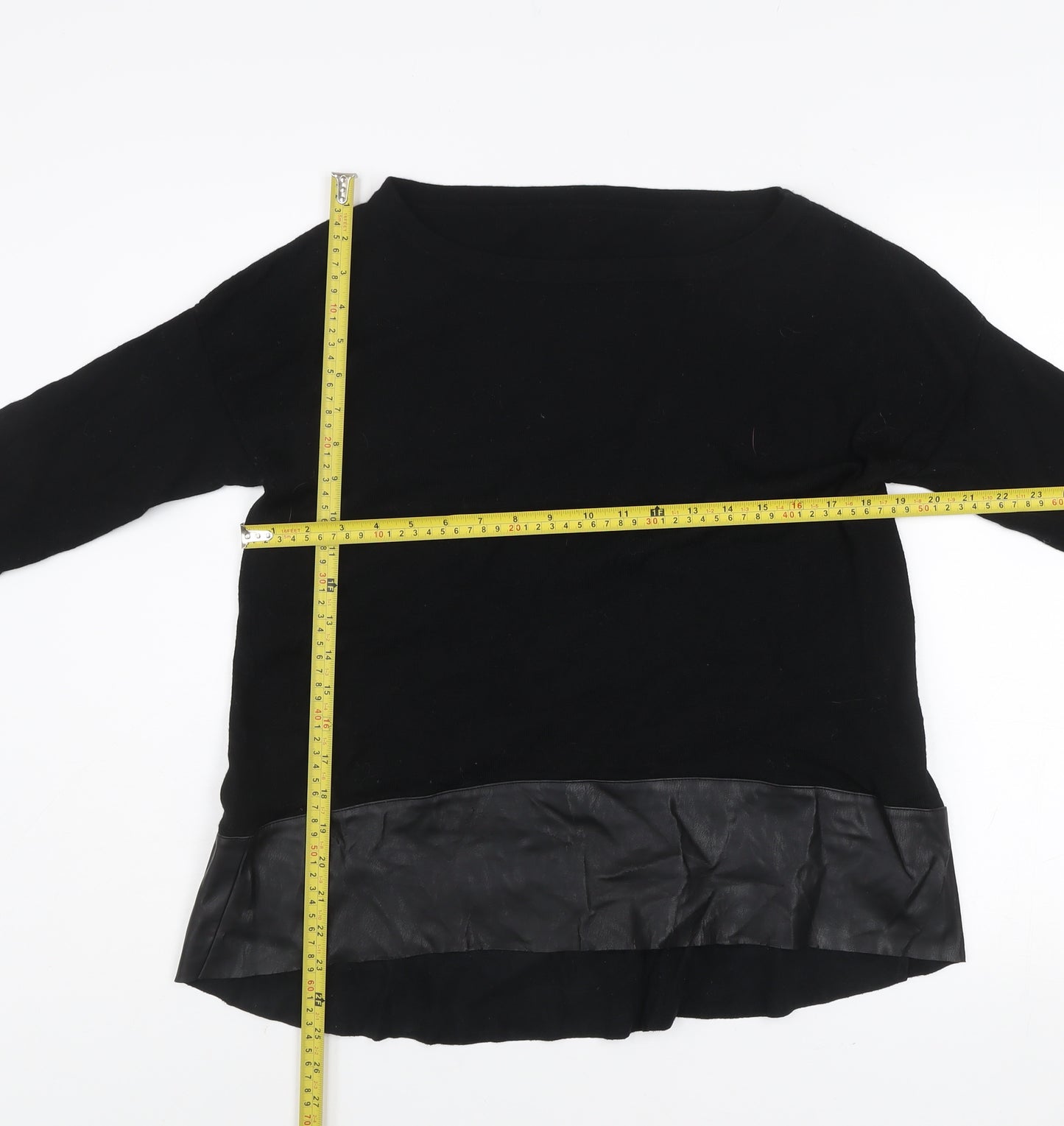 Liu Jo Women Black Wool Faux Leather Trim Pullover Jumper L