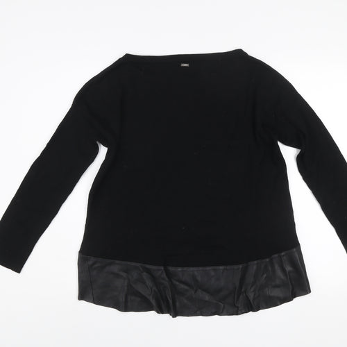 Liu Jo Women Black Wool Faux Leather Trim Pullover Jumper L