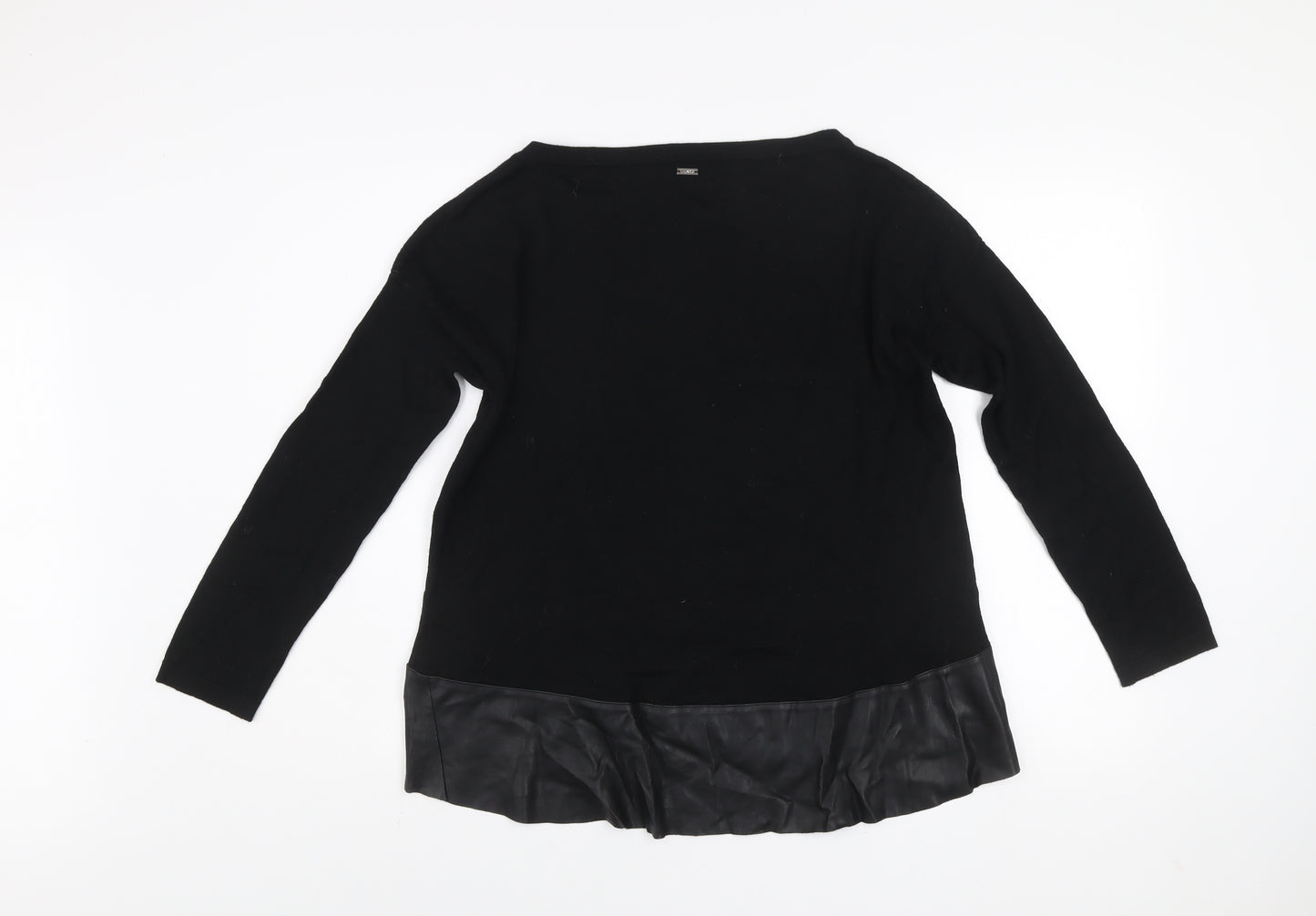 Liu Jo Women Black Wool Faux Leather Trim Pullover Jumper L