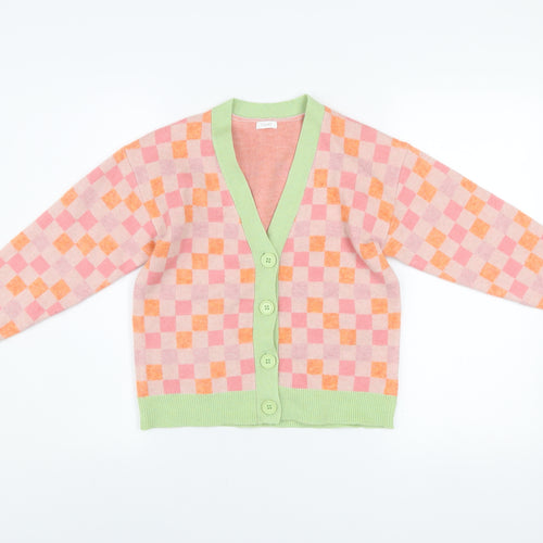 Marks & Spencer Girls Pink Orange Check Cardigan 10 Years Acrylic Blend