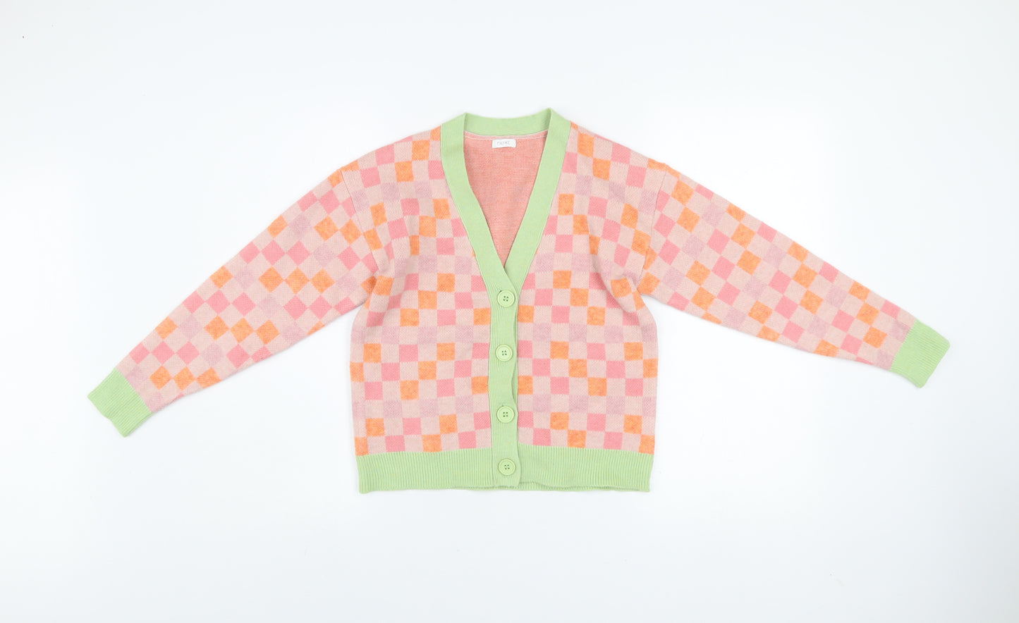Marks & Spencer Girls Pink Orange Check Cardigan 10 Years Acrylic Blend