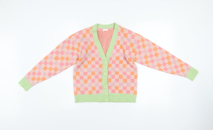 Marks & Spencer Girls Pink Orange Check Cardigan 10 Years Acrylic Blend