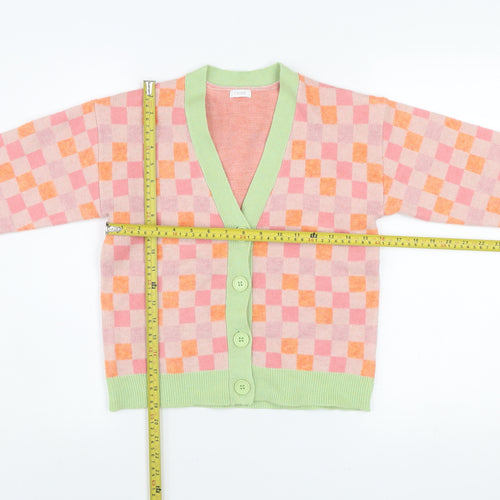 Marks & Spencer Girls Pink Orange Check Cardigan 10 Years Acrylic Blend