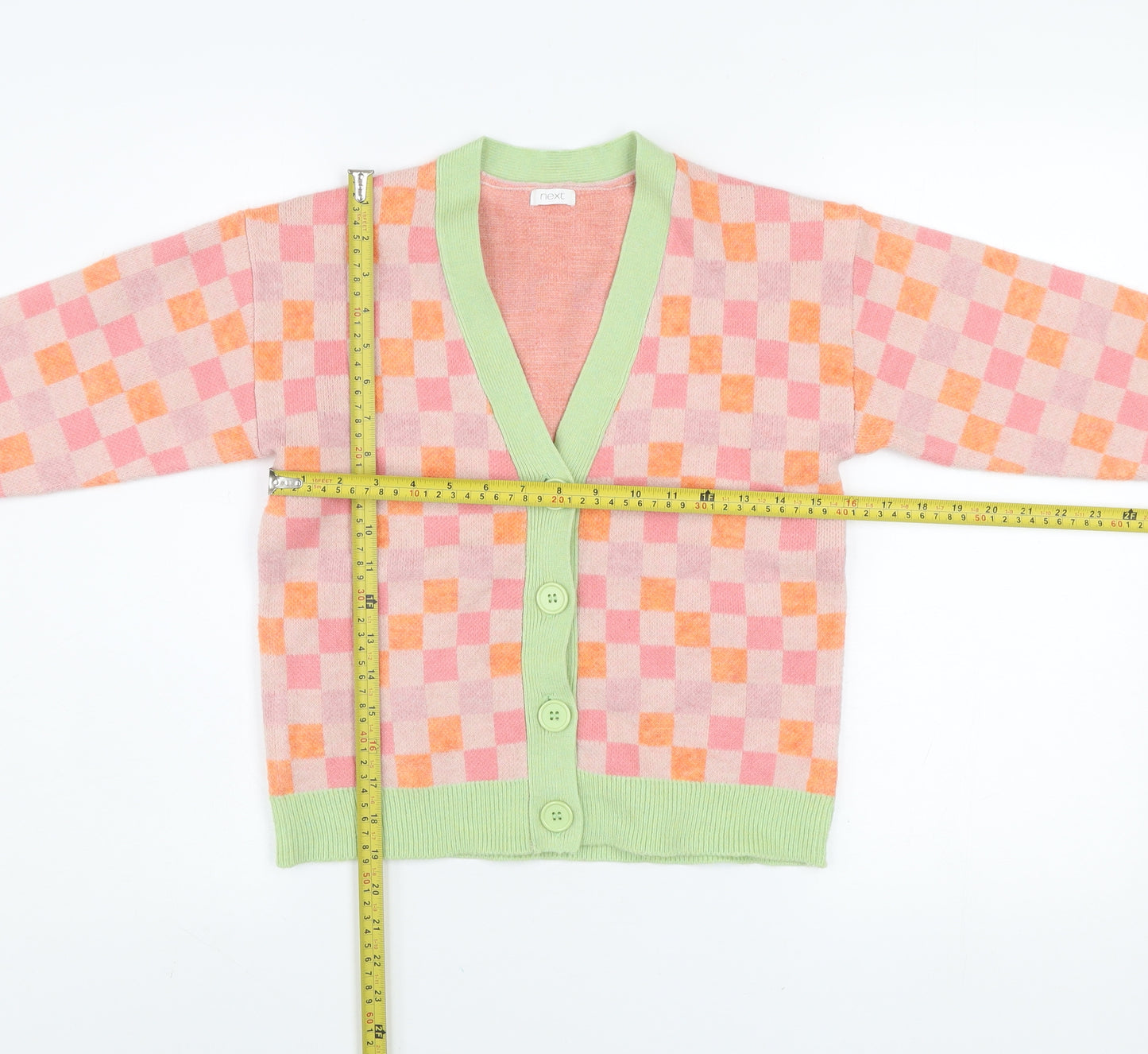 Marks & Spencer Girls Pink Orange Check Cardigan 10 Years Acrylic Blend