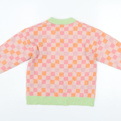 Marks & Spencer Girls Pink Orange Check Cardigan 10 Years Acrylic Blend