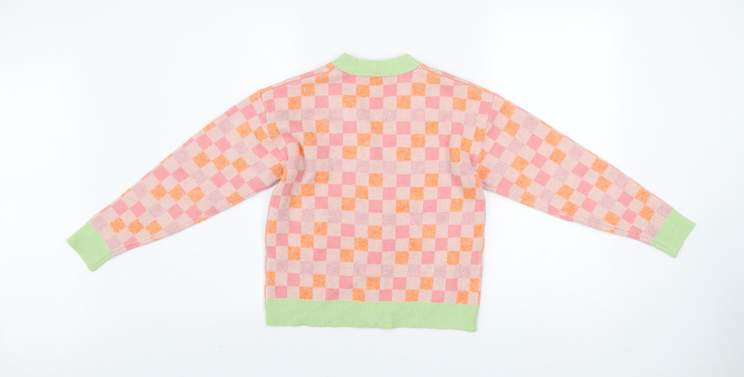 Marks & Spencer Girls Pink Orange Check Cardigan 10 Years Acrylic Blend