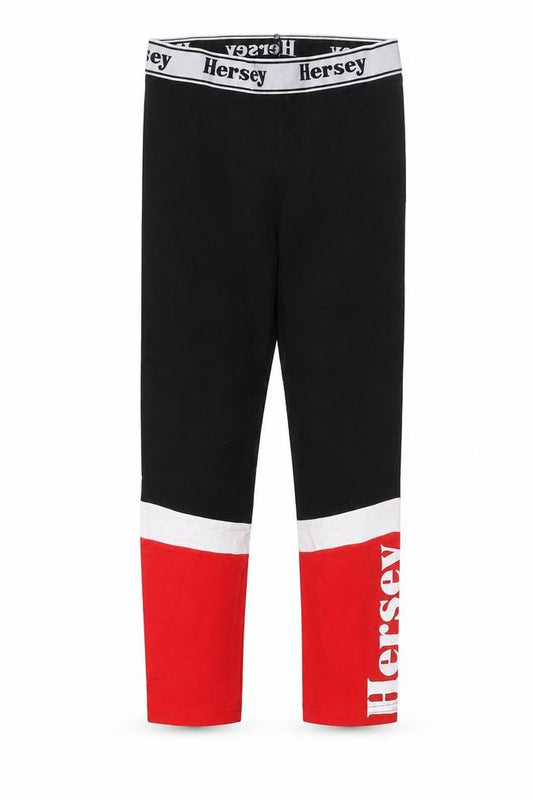 Front view of Beck & Hersey girls’ black red colourblock ankle leggings 12-13 years
