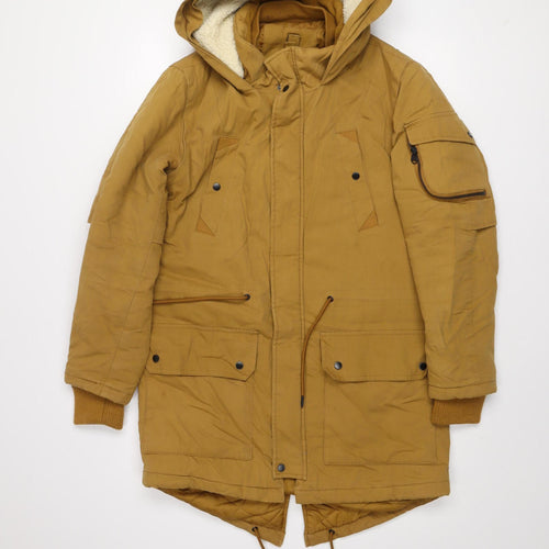 Bershka Men's Brown Hooded Parka Jacket Size S Polyester Winter Coat